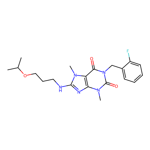1-(2-fluorobenzyl)-3,7-dimethyl-8-{[3-(propan-2-yloxy)propyl]amino}-3,7-dihydro-1H-purine-2,6-dione structure