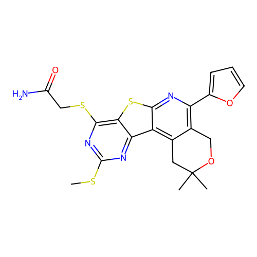 2-((5-(furan-2-yl)-2,2-dimethyl-10-(methylthio)-2,4-dihydro-1H-pyrano[4'',3'':4',5']pyrido[3',2':4,5]thieno[3,2-d]pyrimidin-8-yl)thio)acetamide structure