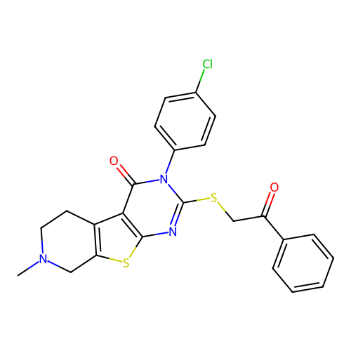 3-(4-chlorophenyl)-7-methyl-2-((2-oxo-2-phenylethyl)thio)-5,6,7,8-tetrahydropyrido[4',3':4,5]thieno[2,3-d]pyrimidin-4(3H)-one structure