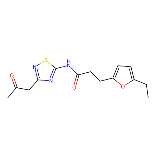 3-(5-ethylfuran-2-yl)-N-[3-(2-oxopropyl)-1,2,4-thiadiazol-5-yl]propanamide structure