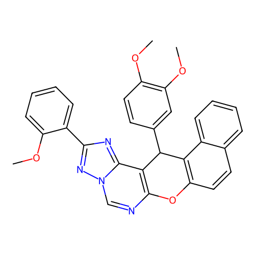 14-(3,4-dimethoxyphenyl)-2-(2-methoxyphenyl)-14H-benzo[5,6]chromeno[3,2-e][1,2,4]triazolo[1,5-c]pyrimidine structure