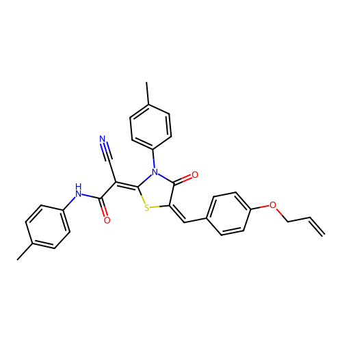 (Z)-2-((E)-5-(4-(allyloxy)benzylidene)-4-oxo-3-(p-tolyl)thiazolidin-2-ylidene)-2-cyano-N-(p-tolyl)acetamide structure