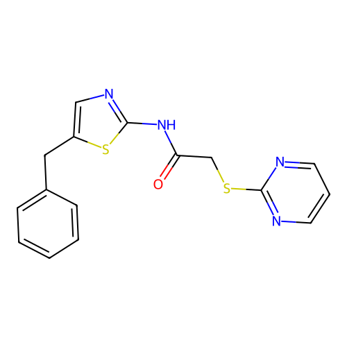 N-(5-benzyl-1,3-thiazol-2-yl)-2-pyrimidin-2-ylsulfanylacetamide structure