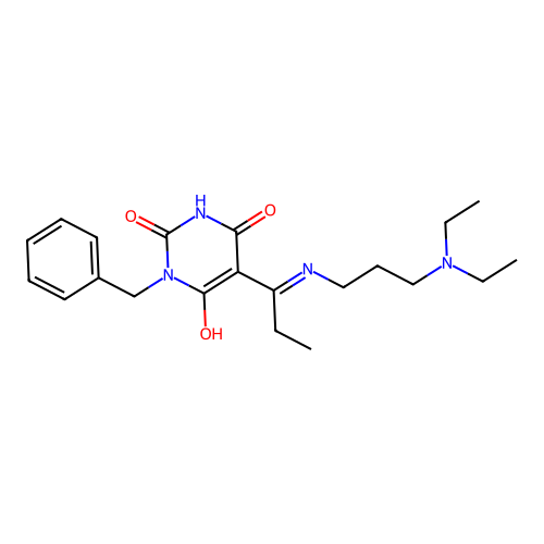(E)-1-benzyl-5-(1-((3-(diethylamino)propyl)amino)propylidene)pyrimidine-2,4,6(1H,3H,5H)-trione structure