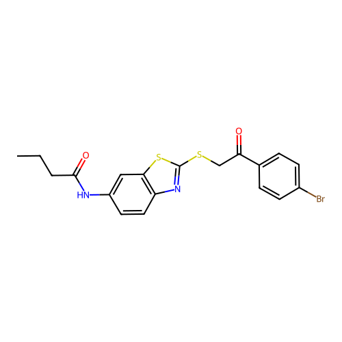 N-(2-{[2-(4-bromophenyl)-2-oxoethyl]sulfanyl}-1,3-benzothiazol-6-yl)butanamide structure