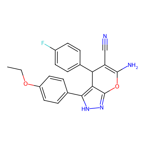 6-amino-3-(4-ethoxyphenyl)-4-(4-fluorophenyl)-1,4-dihydropyrano[2,3-c]pyrazole-5-carbonitrile structure