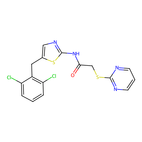N-[5-(2,6-dichlorobenzyl)-1,3-thiazol-2-yl]-2-(pyrimidin-2-ylsulfanyl)acetamide structure