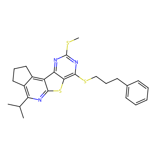 4-isopropyl-9-(methylthio)-7-((3-phenylpropyl)thio)-2,3-dihydro-1H-cyclopenta[4',5']pyrido[3',2':4,5]thieno[3,2-d]pyrimidine structure