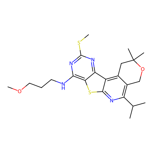 5-isopropyl-N-(3-methoxypropyl)-2,2-dimethyl-10-(methylthio)-2,4-dihydro-1H-pyrano[4'',3'':4',5']pyrido[3',2':4,5]thieno[3,2-d]pyrimidin-8-amine structure