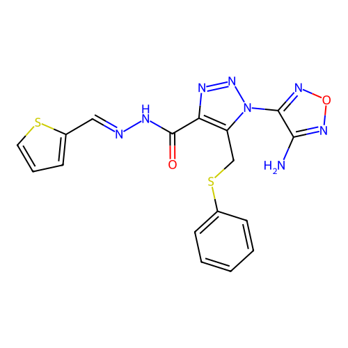 (E)-1-(4-amino-1,2,5-oxadiazol-3-yl)-5-((phenylthio)methyl)-N'-(thiophen-2-ylmethylene)-1H-1,2,3-triazole-4-carbohydrazide structure