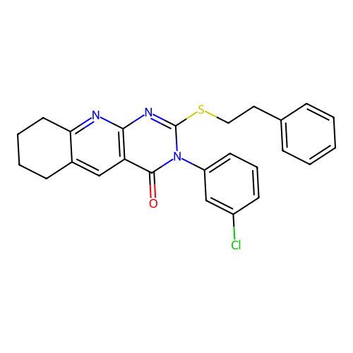3-(3-chlorophenyl)-2-(phenethylthio)-6,7,8,9-tetrahydropyrimido[4,5-b]quinolin-4(3H)-one structure