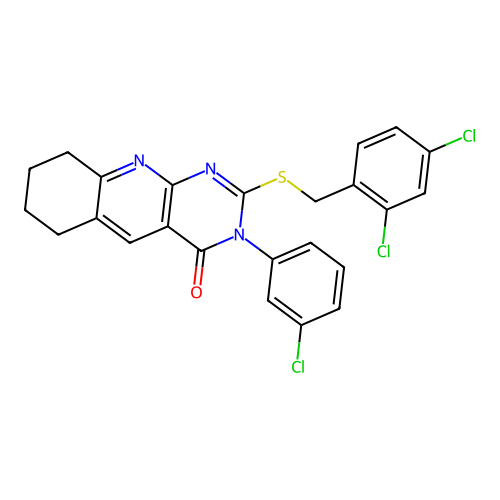 3-(3-chlorophenyl)-2-((2,4-dichlorobenzyl)thio)-6,7,8,9-tetrahydropyrimido[4,5-b]quinolin-4(3H)-one structure