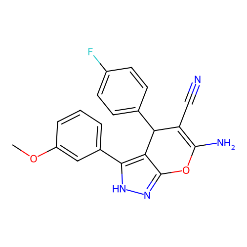 6-amino-4-(4-fluorophenyl)-3-(3-methoxyphenyl)-2,4-dihydropyrano[2,3-c]pyrazole-5-carbonitrile structure