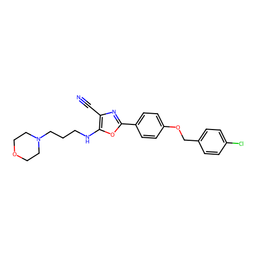 2-[4-[(4-chlorophenyl)methoxy]phenyl]-5-(3-morpholin-4-ylpropylamino)-1,3-oxazole-4-carbonitrile structure