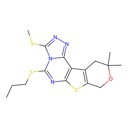 10,10-dimethyl-3-(methylsulfanyl)-5-(propylsulfanyl)-10,11-dihydro-8H-pyrano[4',3':4,5]thieno[3,2-e][1,2,4]triazolo[4,3-c]pyrimidine structure