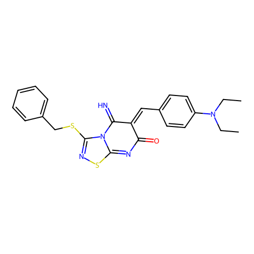 (6Z)-3-(benzylsulfanyl)-6-[4-(diethylamino)benzylidene]-5-imino-5,6-dihydro-7H-[1,2,4]thiadiazolo[4,5-a]pyrimidin-7-one structure