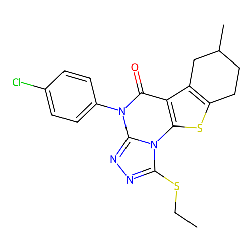4-(4-chlorophenyl)-1-(ethylsulfanyl)-7-methyl-6,7,8,9-tetrahydro[1]benzothieno[3,2-e][1,2,4]triazolo[4,3-a]pyrimidin-5(4H)-one structure