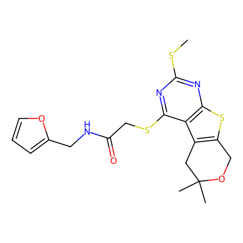 2-((6,6-dimethyl-2-(methylthio)-6,8-dihydro-5H-pyrano[4',3':4,5]thieno[2,3-d]pyrimidin-4-yl)thio)-N-(furan-2-ylmethyl)acetamide structure