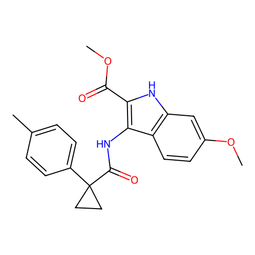 methyl 6-methoxy-3-(1-(p-tolyl)cyclopropanecarboxamido)-1H-indole-2-carboxylate structure