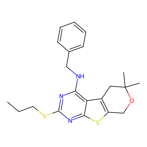 N-benzyl-6,6-dimethyl-2-(propylsulfanyl)-5,8-dihydro-6H-pyrano[4',3':4,5]thieno[2,3-d]pyrimidin-4-amine structure