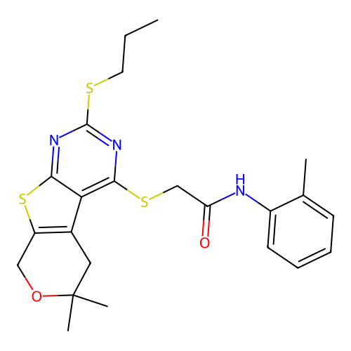 2-((6,6-dimethyl-2-(propylthio)-6,8-dihydro-5H-pyrano[4',3':4,5]thieno[2,3-d]pyrimidin-4-yl)thio)-N-(o-tolyl)acetamide structure
