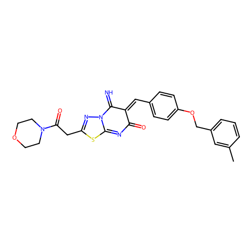 (6Z)-5-imino-6-[[4-[(3-methylphenyl)methoxy]phenyl]methylidene]-2-(2-morpholin-4-yl-2-oxoethyl)-[1,3,4]thiadiazolo[3,2-a]pyrimidin-7-one structure
