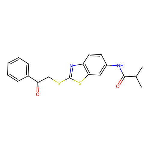 2-methyl-N-{2-[(2-oxo-2-phenylethyl)sulfanyl]-1,3-benzothiazol-6-yl}propanamide structure