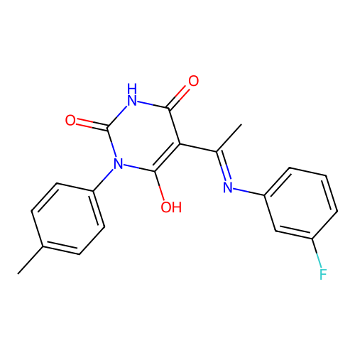 (5E)-5-[1-(3-fluoroanilino)ethylidene]-1-(4-methylphenyl)-1,3-diazinane-2,4,6-trione structure