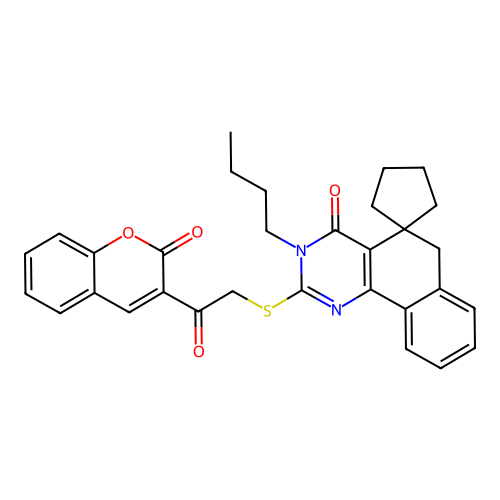 3-butyl-2-((2-oxo-2-(2-oxo-2H-chromen-3-yl)ethyl)thio)-3H-spiro[benzo[h]quinazoline-5,1'-cyclopentan]-4(6H)-one structure