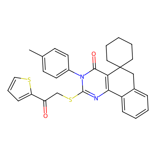2-((2-oxo-2-(thiophen-2-yl)ethyl)thio)-3-(p-tolyl)-3H-spiro[benzo[h]quinazoline-5,1'-cyclohexan]-4(6H)-one structure