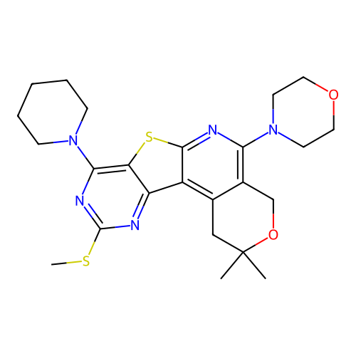 2,2-dimethyl-10-(methylsulfanyl)-5-(morpholin-4-yl)-8-(piperidin-1-yl)-1,4-dihydro-2H-pyrano[4'',3'':4',5']pyrido[3',2':4,5]thieno[3,2-d]pyrimidine structure