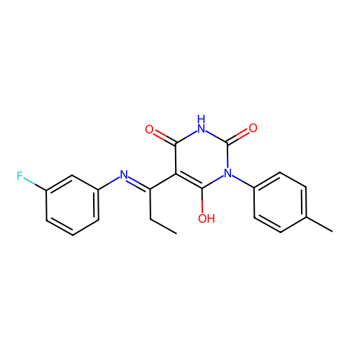 (5E)-5-[1-(3-fluoroanilino)propylidene]-1-(4-methylphenyl)-1,3-diazinane-2,4,6-trione structure