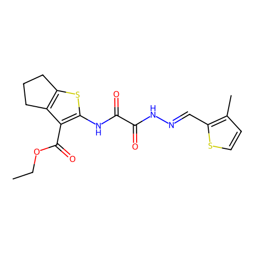 (E)-ethyl 2-(2-(2-((3-methylthiophen-2-yl)methylene)hydrazinyl)-2-oxoacetamido)-5,6-dihydro-4H-cyclopenta[b]thiophene-3-carboxylate structure