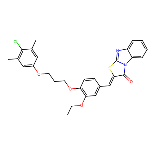 (Z)-2-(4-(3-(4-chloro-3,5-dimethylphenoxy)propoxy)-3-ethoxybenzylidene)benzo[4,5]imidazo[2,1-b]thiazol-3(2H)-one structure