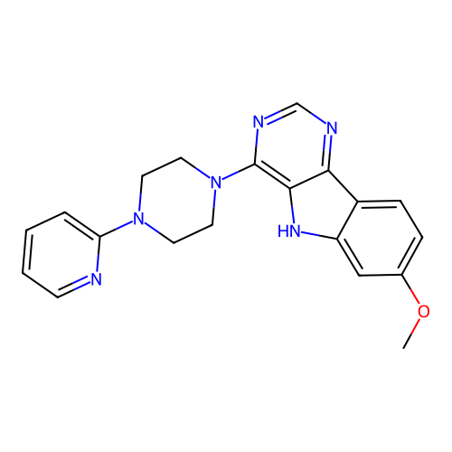 7-methoxy-4-(4-(pyridin-2-yl)piperazin-1-yl)-5H-pyrimido[5,4-b]indole structure