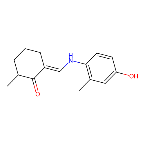 (E)-2-(((4-hydroxy-2-methylphenyl)amino)methylene)-6-methylcyclohexanone structure