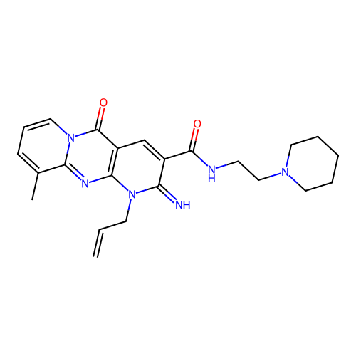 (2-imino-10-methyl-5-oxo-1-prop-2-enyl(1,6-dihydropyridino[2,3-d]pyridino[1,2-a]pyrimidin-3-yl))-N-(2-piperidylethyl)carboxamide structure