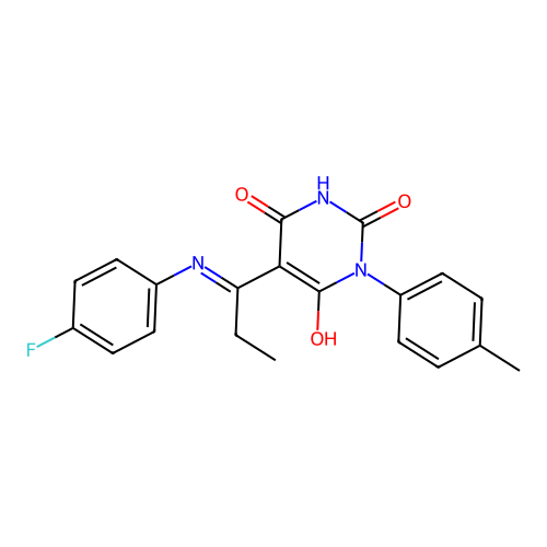 (5E)-5-[1-(4-fluoroanilino)propylidene]-1-(4-methylphenyl)-1,3-diazinane-2,4,6-trione structure