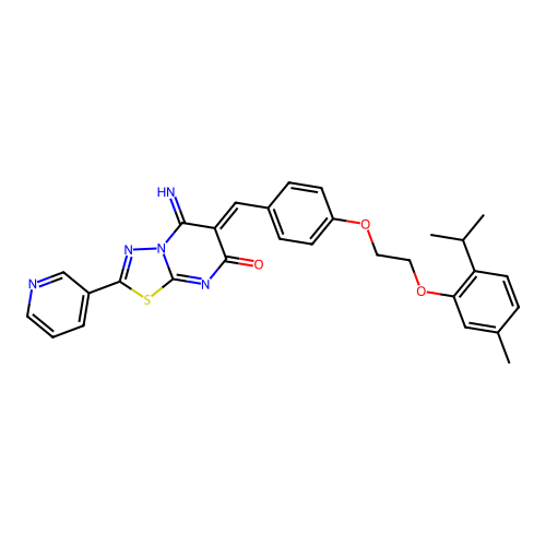 (6Z)-5-imino-6-(4-{2-[5-methyl-2-(propan-2-yl)phenoxy]ethoxy}benzylidene)-2-(pyridin-3-yl)-5,6-dihydro-7H-[1,3,4]thiadiazolo[3,2-a]pyrimidin-7-one structure
