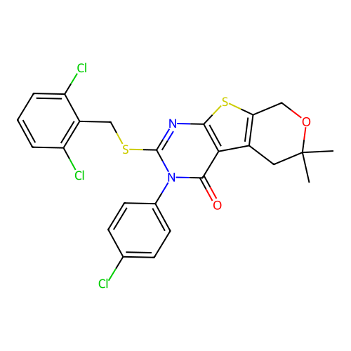 3-(4-chlorophenyl)-2-((2,6-dichlorobenzyl)thio)-6,6-dimethyl-5,6-dihydro-3H-pyrano[4',3':4,5]thieno[2,3-d]pyrimidin-4(8H)-one structure