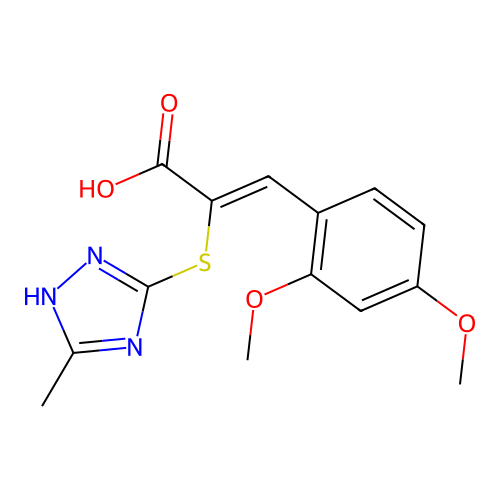 (Z)-3-(2,4-dimethoxyphenyl)-2-((5-methyl-4H-1,2,4-triazol-3-yl)thio)acrylic acid structure