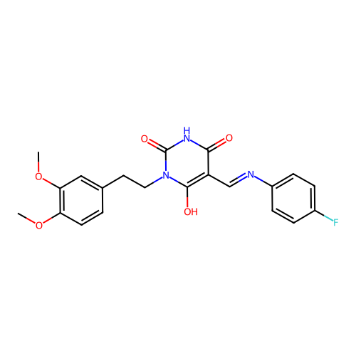 (5Z)-5-[(4-fluoroanilino)methylene]-1-homoveratryl-barbituric acid structure