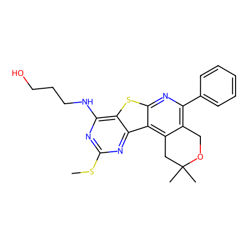 3-((2,2-dimethyl-10-(methylthio)-5-phenyl-2,4-dihydro-1H-pyrano[4'',3'':4',5']pyrido[3',2':4,5]thieno[3,2-d]pyrimidin-8-yl)amino)propan-1-ol structure