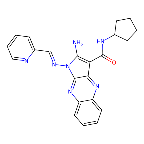 (E)-2-amino-N-cyclopentyl-1-((pyridin-2-ylmethylene)amino)-1H-pyrrolo[2,3-b]quinoxaline-3-carboxamide structure