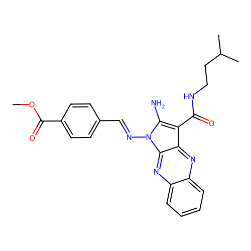(E)-methyl 4-(((2-amino-3-(isopentylcarbamoyl)-1H-pyrrolo[2,3-b]quinoxalin-1-yl)imino)methyl)benzoate structure