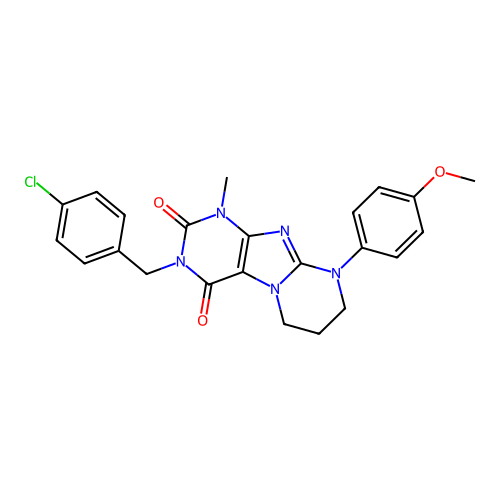 3-(4-chlorobenzyl)-9-(4-methoxyphenyl)-1-methyl-6,7,8,9-tetrahydropyrimido[2,1-f]purine-2,4(1H,3H)-dione structure