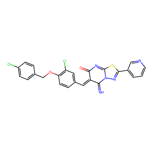 (6Z)-6-[[3-chloro-4-[(4-chlorophenyl)methoxy]phenyl]methylidene]-5-imino-2-pyridin-3-yl-[1,3,4]thiadiazolo[3,2-a]pyrimidin-7-one structure