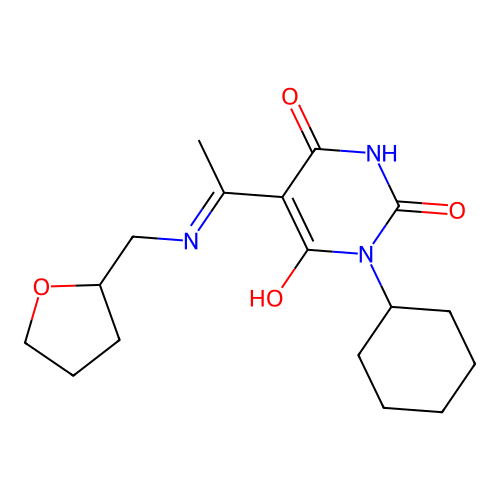1-cyclohexyl-5-[1-(oxolan-2-ylmethylamino)ethylidene]-1,3-diazinane-2,4,6-trione structure
