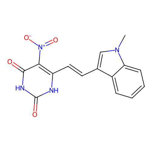 (E)-6-(2-(1-methyl-1H-indol-3-yl)vinyl)-5-nitropyrimidine-2,4(1H,3H)-dione structure