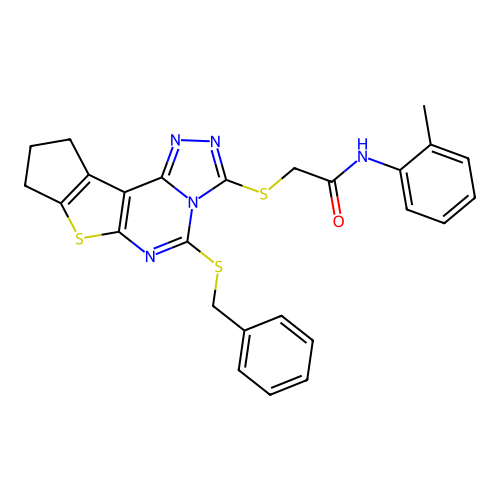 2-((5-(benzylthio)-9,10-dihydro-8H-cyclopenta[4,5]thieno[3,2-e][1,2,4]triazolo[4,3-c]pyrimidin-3-yl)thio)-N-(o-tolyl)acetamide structure